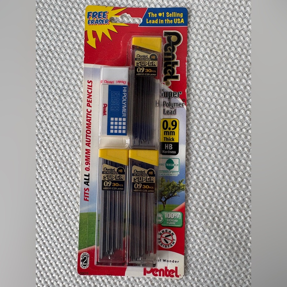 Pentel Super Polymer Lead 0.9 mm Thick 90 Pieces with free eraser New Sealed
